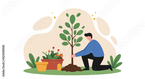 Man plants tree seedling in the garden. Nature background.  Use Ecology concepts