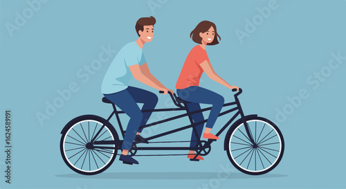 Happy Couple Rides Tandem Bicycle on Blue Background. Vector Illustration