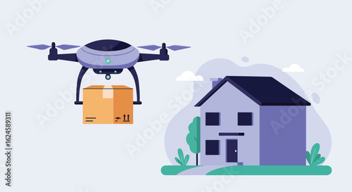 Drone delivering package in residential area. Vector illustration. Graphic use
