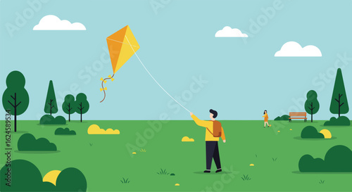 Man flying a kite in a green park. Uses family fun, blog art, social media