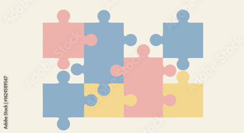 Assembled colored puzzle pieces form a square on plain background for problem solving