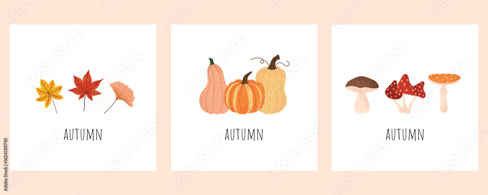 Fototapeta premium Minimalist vector postcard set with autumn leaves, pumpkins, and mushrooms. Cozy greeting cards for fall season. Hand-drawn autumn elements in flat style.