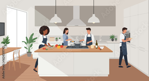 People cooking at island in bright kitchen with plants, TV. Family meal prep