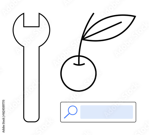 Wrench, cherry with simple leaves, and a search bar icon conveying tools, nature, and online exploration. Ideal for technology, sustainability, repair, agriculture search innovation and simple