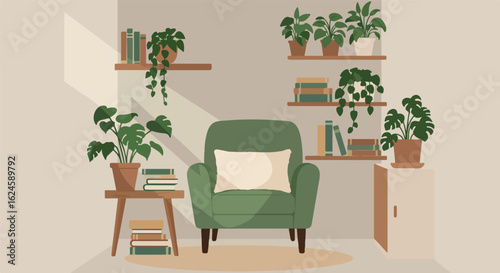 Cozy armchair setting Interior design illustration with plants, books, & shelving