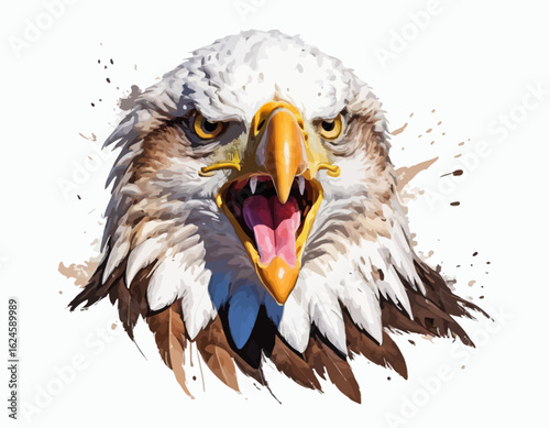 The eagle's sharp, hooked beak is a vibrant yellow, and its eyes are a piercing yellow, giving it an intense and focused expression (1)