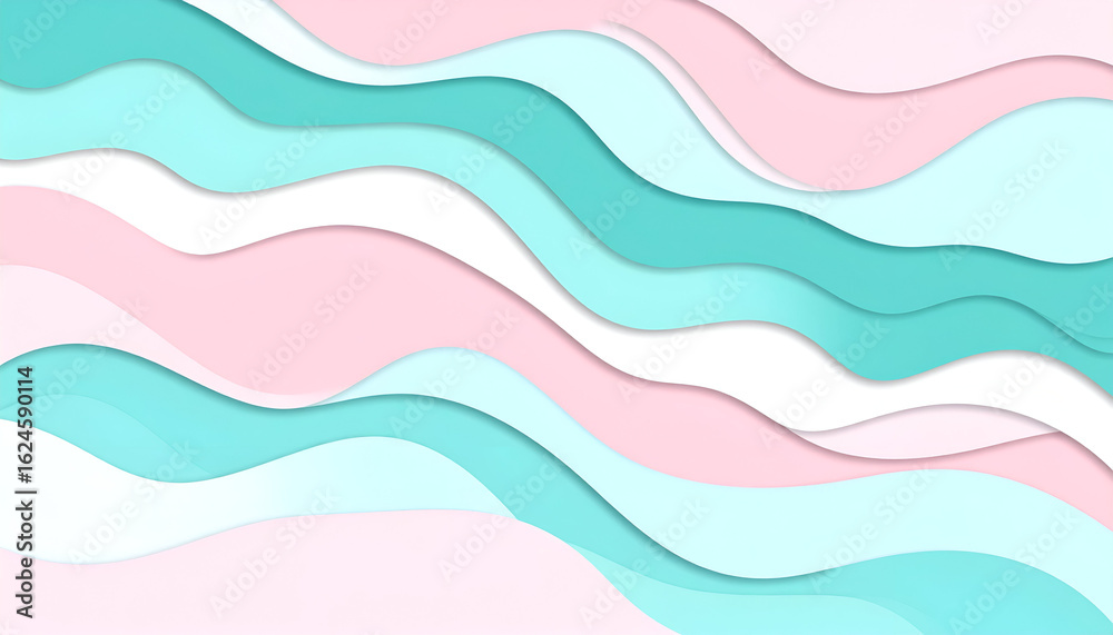 Fototapeta premium Flowing Pastel Papercut Waves: An Abstract 3D Background in Pink and Teal.