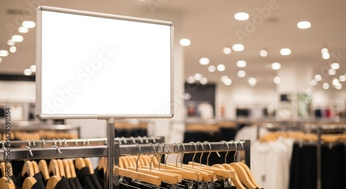 Blank white sign in a retail store setting with clothing racks and blurred lights, ideal for advertising