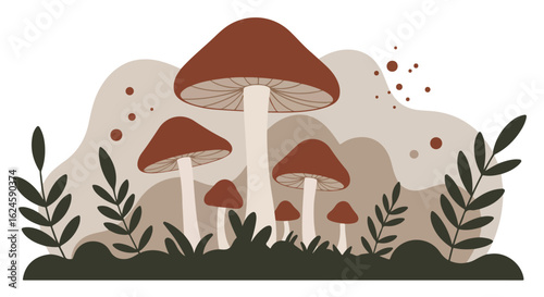 Mushroom Illustration in Forest Scene for Children's Book Art and Digital Backgrounds