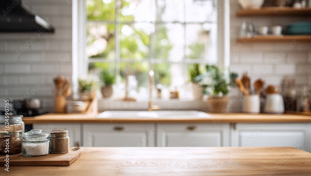 Fototapeta premium Blurred, bright kitchen interior, wooden table