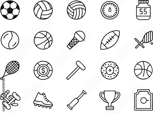 Collection of thirty five minimal black and white line art sport and fitness icons soccer ball