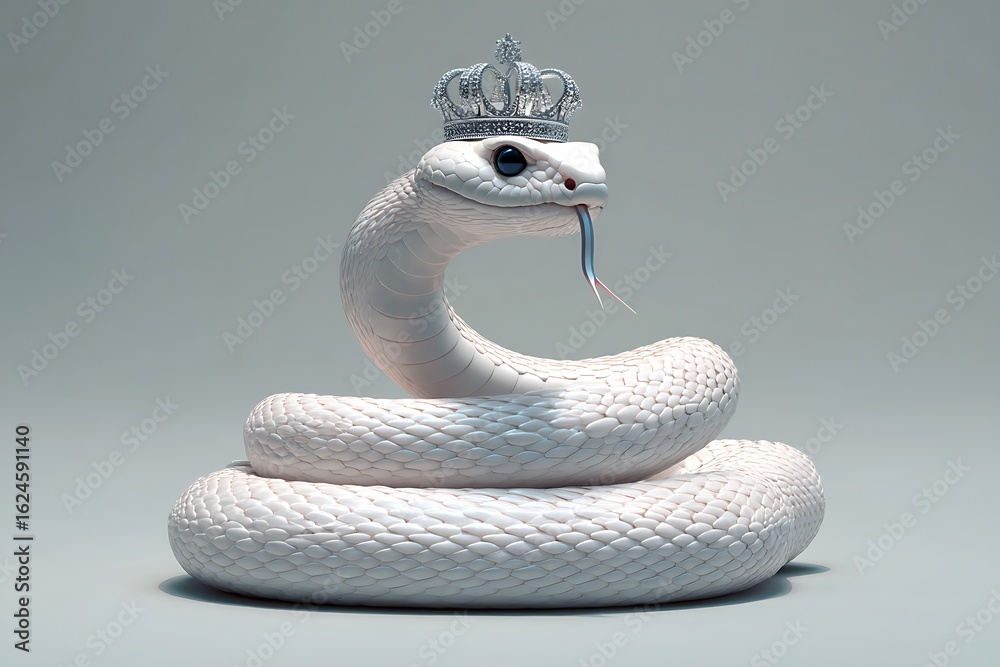 Fototapeta premium Regal White Snake with Silver Crown and Raised Head on Gray Background – Majestic Serpent Symbolizing Power and Elegance