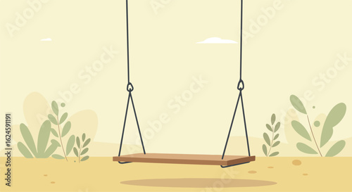 Empty wood swing hanging in a park with plants and a cloudy sky for a design element