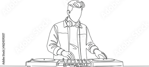Line Art of DJ Playing Music, Hands on Turntables, Modern DJ Setup, Headphones Around Neck, Minimalist Musician Illustration