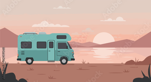 Vacation RV parked on desert lake with sunrise, for travel ads, vacation rentals