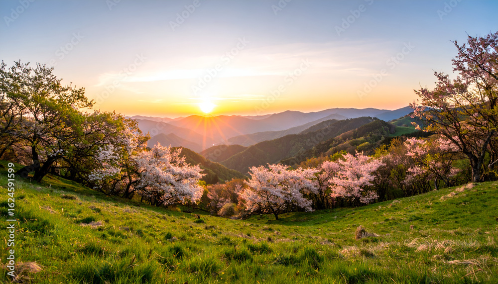Fototapeta premium Golden Dawn Over a Lush Valley of Flowering Cherry Blossom Trees