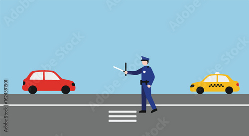 Flat Illustration. Cop directing traffic on street with cars in blue background
