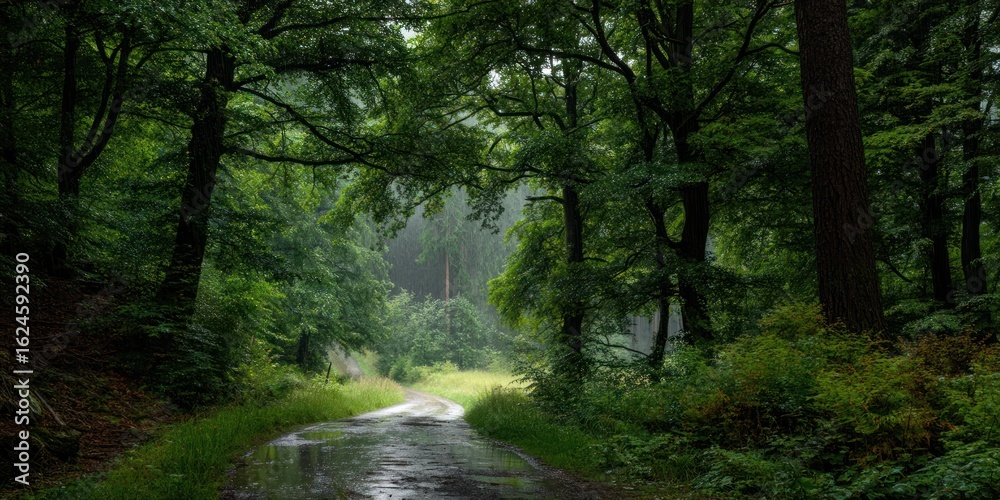 Fototapeta premium Damp, quiet forest at the edge of the countryside in the rain