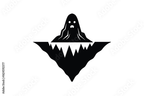 Halloween vector art of a spooky ghost emerging from a dark, jagged mountain peak