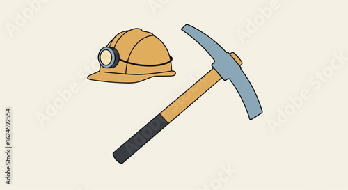Illustration of a Miner's Pickaxe & Helmet on a light-colored background, vector design