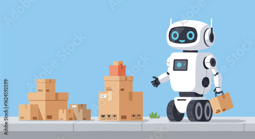 Robot Delivering Parcels on Sidewalk with Boxes in Background. For logistics tech