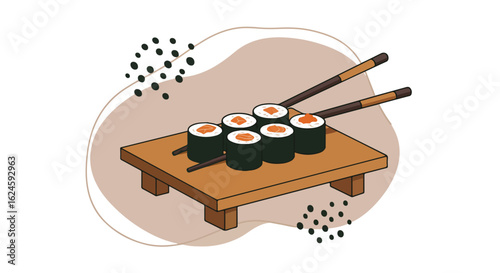 Served maki rolls and chopsticks on small platform, abstract shapes background