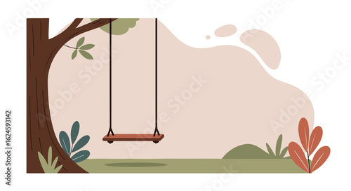 Cartoon Swing Hanging From Tree in a Park With Abstract Background for Children's Book