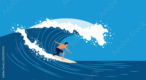 Surfer rides a wave at the beach with splashes & open ocean. For sport posters