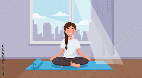 Woman meditating indoors on a mat, city background, using for relaxation guides