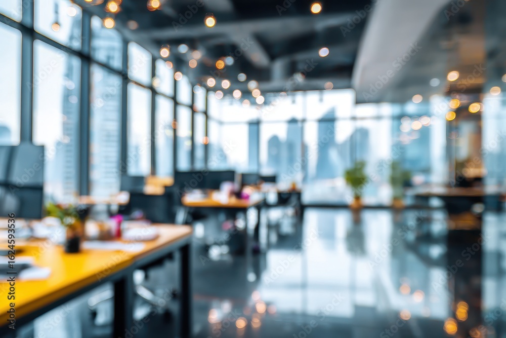 Fototapeta premium Blurred modern office interior with city view (3)