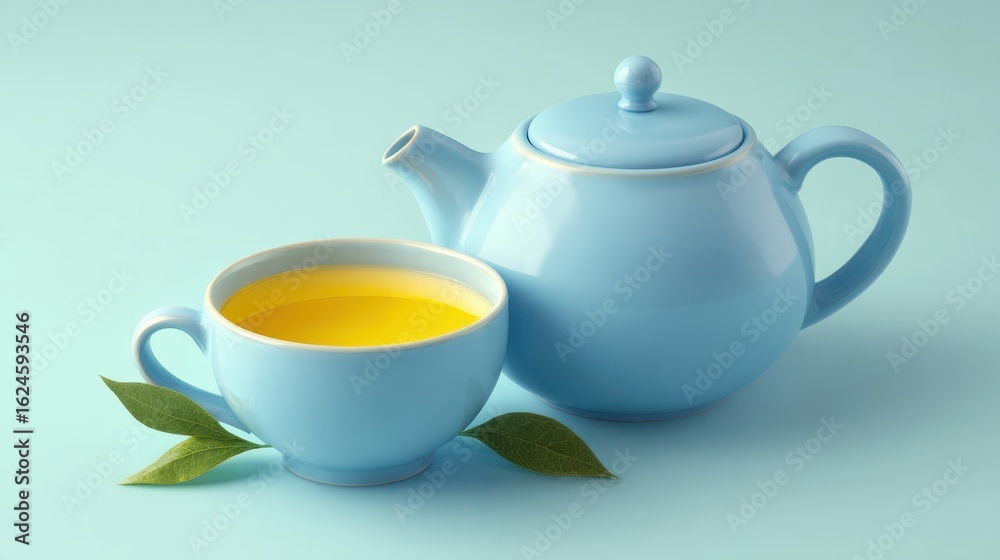 The blue teapot and cup with vibrant yellow tea and green leaves. The blue teapot and cup with vibrant yellow tea and green leaves.