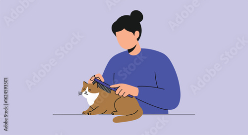 Woman brushes her cat in a flat, solid background, possibly for grooming blogs