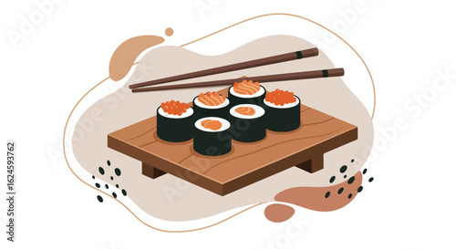 Sushi displayed on board with abstract background for menu or restaurant ads