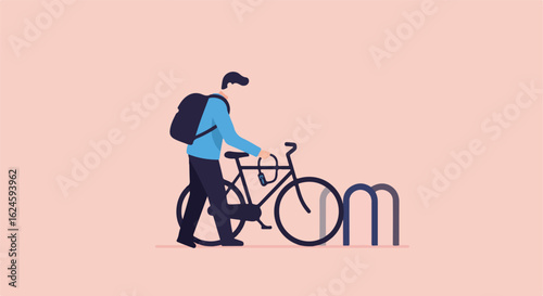 Person locking bicycle at bike rack for commuting in a simple background