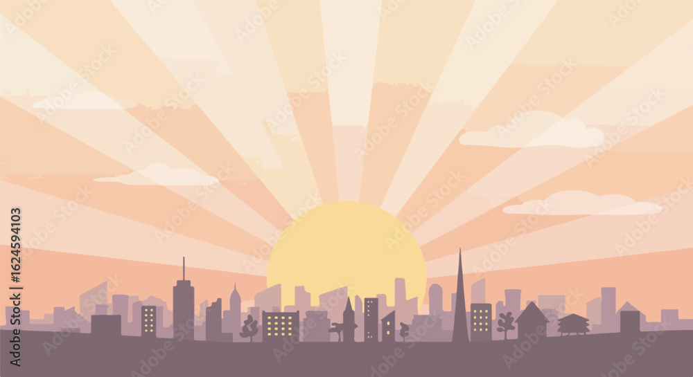 Obraz premium Cityscape silhouette at dawn with sunrise rays. Can be used for presentations