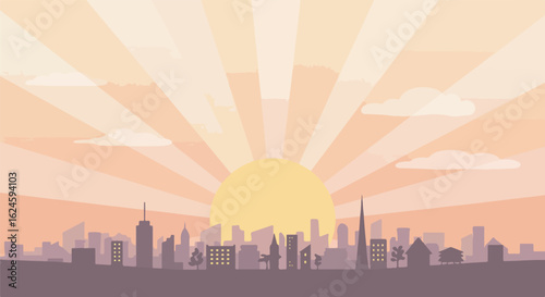 Cityscape silhouette at dawn with sunrise rays. Can be used for presentations