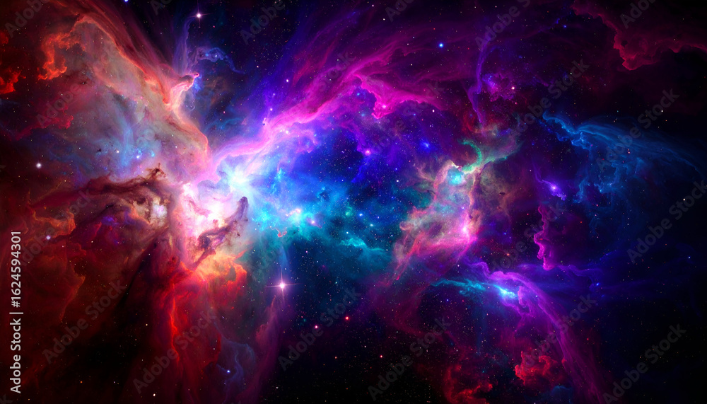 Fototapeta premium Luminous Cosmic Cloud Ignites with Vibrant Magenta, Cyan, and Fiery Red Light