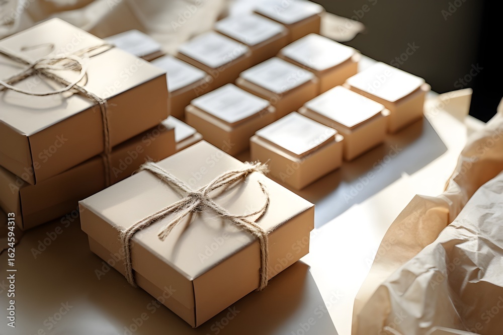 Fototapeta premium Stack of eco-friendly kraft paper gift boxes of handmade soap tied with twine under natural light