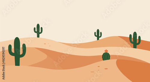 Cacti grow on sandy hills; hot desert background. Use illustration, wallpaper