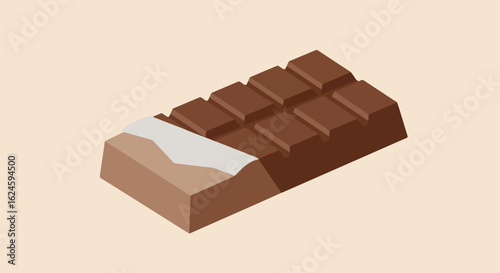 Graphic of chocolate candy bar, wrapper open, on tan surface. Food ad