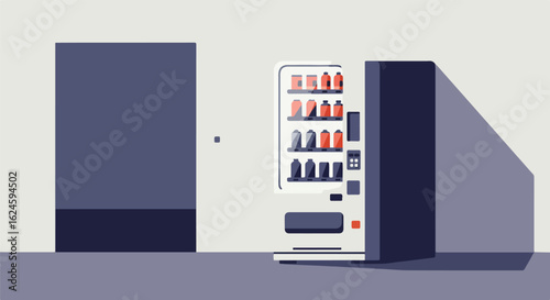 Open vending machine filled with bottles next to a door indoors with shadows
