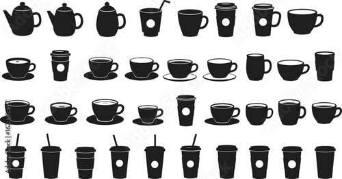 Black and White Coffee Cup Collection, Tea Kettle, Travel Mugs, Tea Cups, Disposable Cups, Drink Containers, Minimalist Design