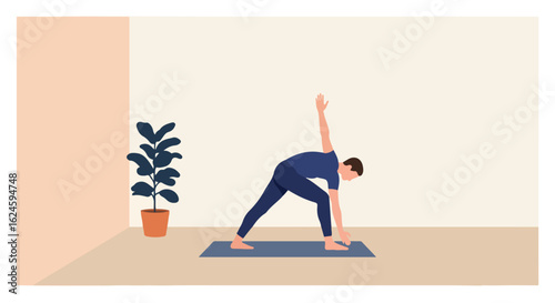 Yoga pose with potted plant. Indoor fitness for wellness program design