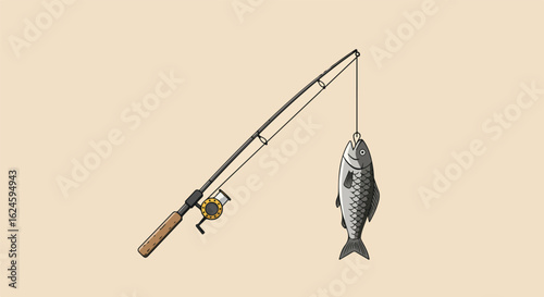 Caught fish hangs from rod. Plain backdrop for web banner or illustration use