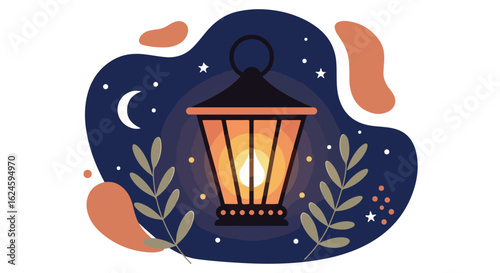 Glowing lantern with plants at night, for greetings, cards, & background use