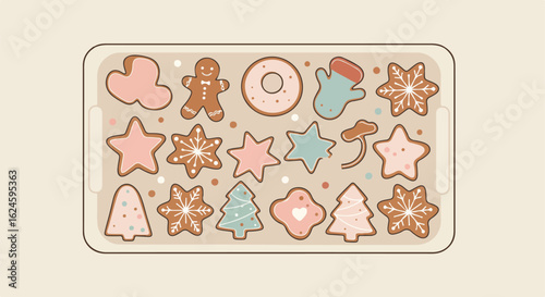 Decorated Cookies on Tray, Baking Sheet, Ready for Gifts. Background Solid