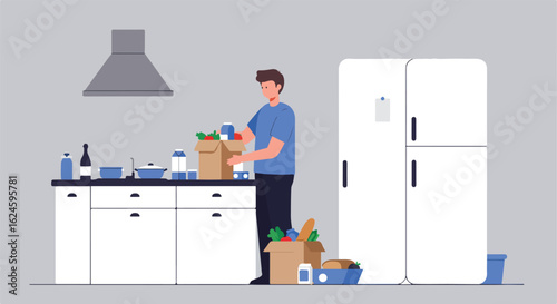 Man unpacks groceries in modern kitchen with white fridge. Vector