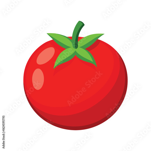 Vibrant Red Tomato with Green Stem and Leaves
