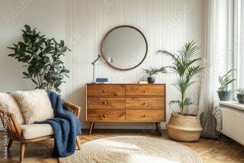 Wooden dresser over a bright wall with patterns, contributing to a modern Scandinavian interior design for the living room, Generative AI