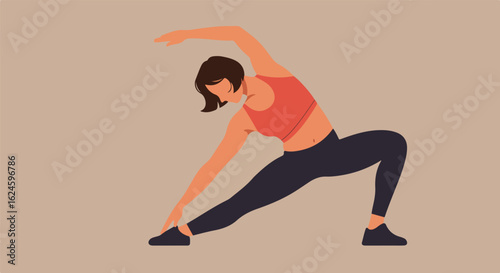 Woman stretching, side lunge pose, against a neutral backdrop for fitness use